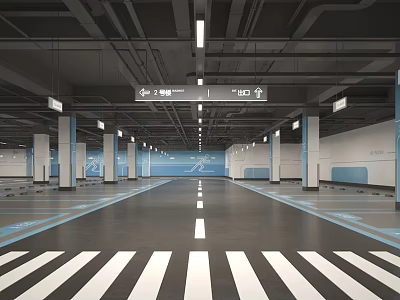 Spacious Modern Garage Interior Design With Floor Lines Direction Signs And Lighting 3d model