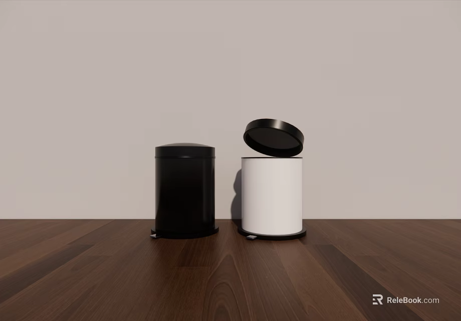 Public Facility Two Black And White Trash Bins With Open Closed Lids On Wooden Floor 3d model 