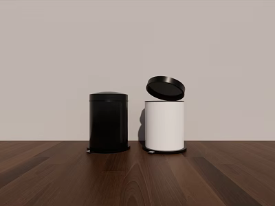 Public Facility Two Black And White Trash Bins With Open Closed Lids On Wooden Floor 3d model