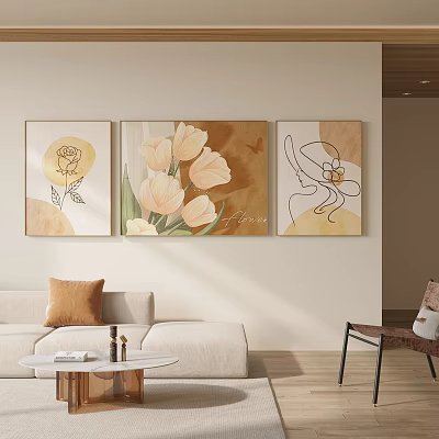 Cozy Living Room Interior With Artistic Decor Paintings And Sofa 3d model