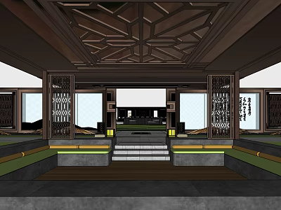 Chinese Style Scenic Wall With Wooden Carvings Steps And Warm Interior Lighting 3d model