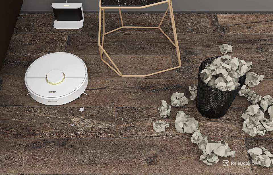 Efficient Robot Vacuum Cleaning Scattered Crumpled Papers On Wooden Floor 3d model 