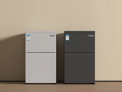 Haier White And Black Refrigerator Freezers Against Light Wall And Wooden Floor 3d model
