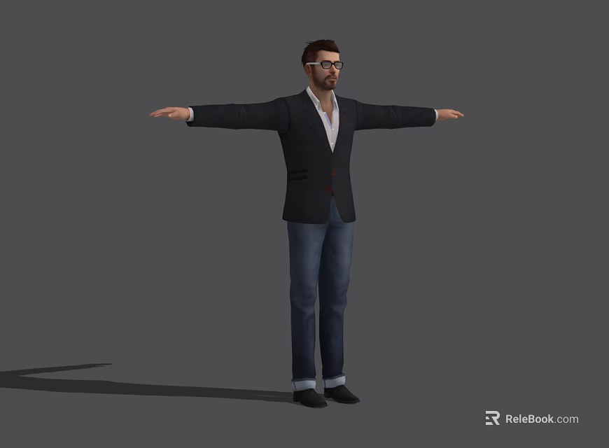 Man Wearing Black Blazer White Shirt Blue Jeans with Glasses Arms Outstretched Gray Background 3d model 
