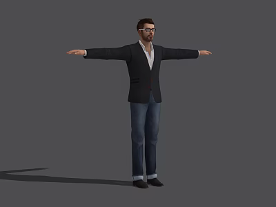 Man Wearing Black Blazer White Shirt Blue Jeans with Glasses Arms Outstretched Gray Background 3d model