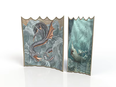 Traditional Water Transport Vessel In Vintage Decorative Artwork With Ocean Waves And Dragons 3d model