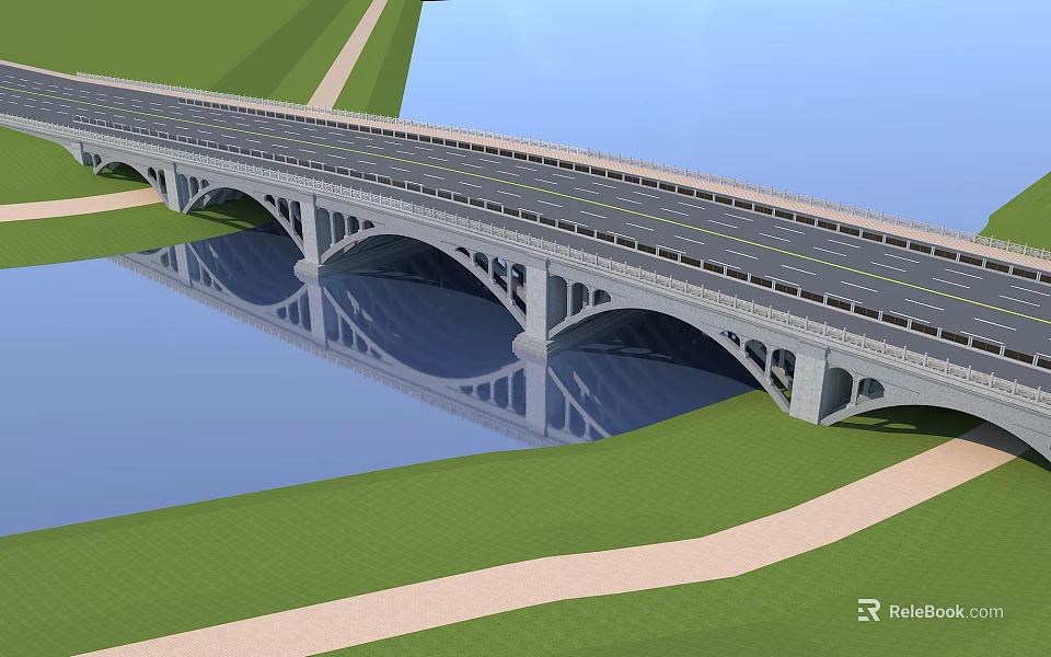 Scenic Arched Bridge Structure With Roadway Over Water And Green Grass Pathways 3d model 