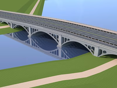 Scenic Arched Bridge Structure With Roadway Over Water And Green Grass Pathways 3d model
