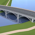 Scenic Arched Bridge Structure With Roadway Over Water And Green Grass Pathways
