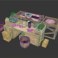 Vintage Scenery with Wooden Workbench Clay Pots and Old Tools
