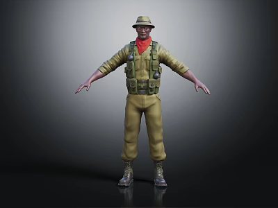 3D Model Character In Khaki Jumpsuit With Red Scarf Green Vest And Boots 3d model