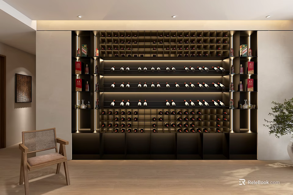 Modern Large Capacity Wine Cabinet With Layered Display And Lighting In Living Room 3d model 