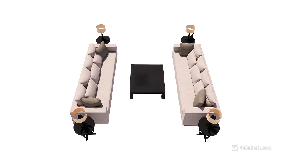 Light Colored Sofa and Coffee Table Set with Floor Lamps and Throw Pillows Design 3d model