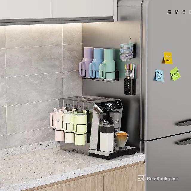 Modern Kitchen Wall Shelf Storing Colorful Cups Next to Coffee Machine 3d model