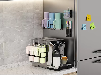Modern Kitchen Wall Shelf Storing Colorful Cups Next to Coffee Machine 3d model
