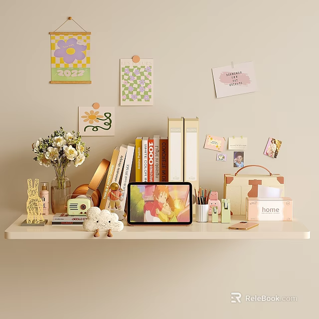Cozy Desk with 2022 Calendar Checkerboard Art Pink Card Flower Vase Books and Tablet 3d model 