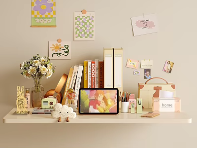 Cozy Desk with 2022 Calendar Checkerboard Art Pink Card Flower Vase Books and Tablet 3d model