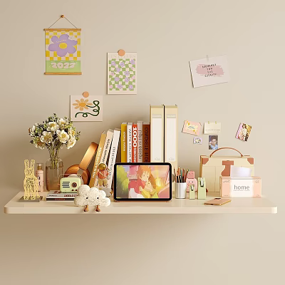 Cozy Desk with 2022 Calendar Checkerboard Art Pink Card Flower Vase Books and Tablet 3d model