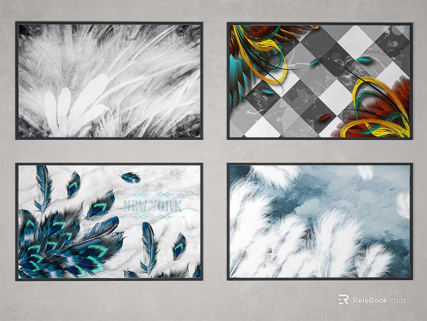 Feather Art Wall Decor With Black White Colorful Peacock Feathers And Patterns 3d model
