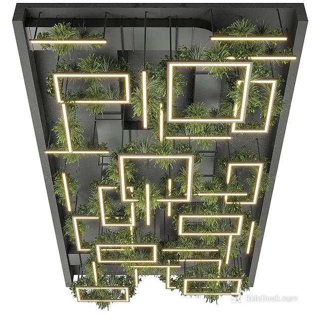 Modern Ceiling Design Featuring Geometric LED Light Frames And Green Plant Decorations 3d model