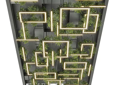 Modern Ceiling Design Featuring Geometric LED Light Frames And Green Plant Decorations 3d model