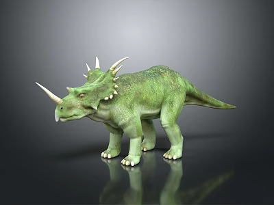 Green 3D Triceratops Dinosaur Model With Three Horns Back Spikes And Dark Background Reflection 3d model