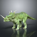 Green 3D Triceratops Dinosaur Model With Three Horns Back Spikes And Dark Background Reflection