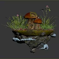 Miniature Garden Plants With Red Mushrooms Green Grass And Small Flowers