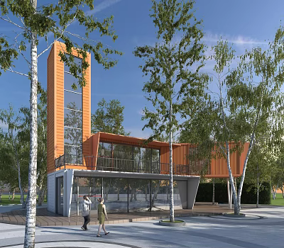 Modern Orange Container Building With Glass Elements Two Story Surrounded by Trees And People Nearby 3d model