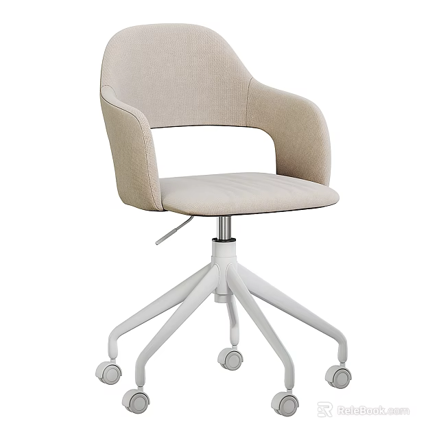 Beige Fabric Office Chair With Modern Design Ergonomic Armrests And White Swivel Base Wheels 3d model 