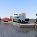 Beijing Auto Car Exhibition Display Shelves With Red And Silver Vehicles And People
