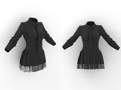 Black Dresses With Long Sleeves Bow Tie Pleated Skirt And Lace Trim 3d model