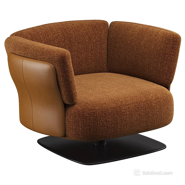 Brown Single Seater Sofa With Leather Armrest And Fabric Upholstery Modern Design Black Circular Base 3d model 