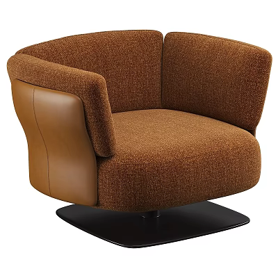 Brown Single Seater Sofa With Leather Armrest And Fabric Upholstery Modern Design Black Circular Base 3d model