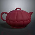 Red Lotus Shaped Teapot With Lid And Handle On Grey Background