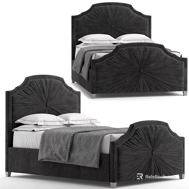 Modern Dark Fabric Double Bed With Tufted Radiant Headboard And White Gray Bedding 3d model 