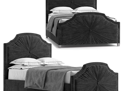 Modern Dark Fabric Double Bed With Tufted Radiant Headboard And White Gray Bedding 3d model