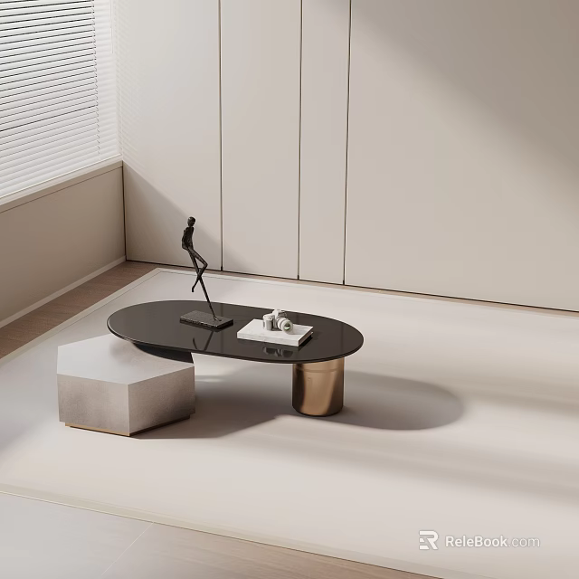 Modern Sofa Coffee Table Set Featuring Black Round Top Copper Legs And Grey Cube Stool 3d model