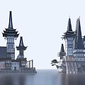 Traditional Ancient Architecture With Multiple Towers Classic Roofs And Wooden Structures 3d model