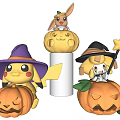Cute Halloween Themed Pokemon Figures With Witch Hats On Pumpkin Bases
