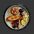 Delicious Breakfast Plate With Scrambled Eggs Sausage French Toast And Mixed Berries