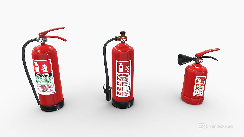 Red Fire Extinguishers With Different Designs And Safety Labels On White Background 3d model 