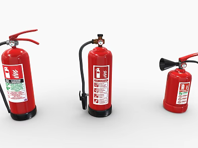 Red Fire Extinguishers With Different Designs And Safety Labels On White Background 3d model