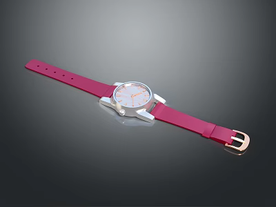 Stylish Pink Leather Strap Watch With Silver Case White Dial And Orange Hands 3d model