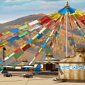 Colorful Prayer Flags Over Ornate Traditional Yurts Against Autumn Mountain Landscape