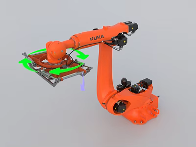 Orange KUKA Smart Robotic Arm Handling Metal Frame With Green Movement Arrows 3d model