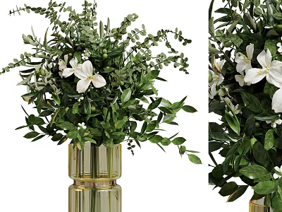 Bonsai Potted Plant With Green Foliage And White Flowers In Glass Vase For Indoor Home Decor 3d model
