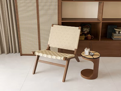 Leisure Chair With Wooden Frame Beige Checkered Seat And Backrest And Small Round Side Table 3d model