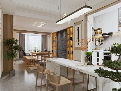 Modern Restaurant Interior With Wooden Furniture Marble Countertop Hanging Lights And Green Plants 3d model