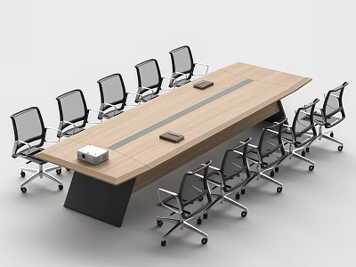 Modern Wooden Conference Table With Black Legs And Ergonomic Mesh Office Chairs 3d model
